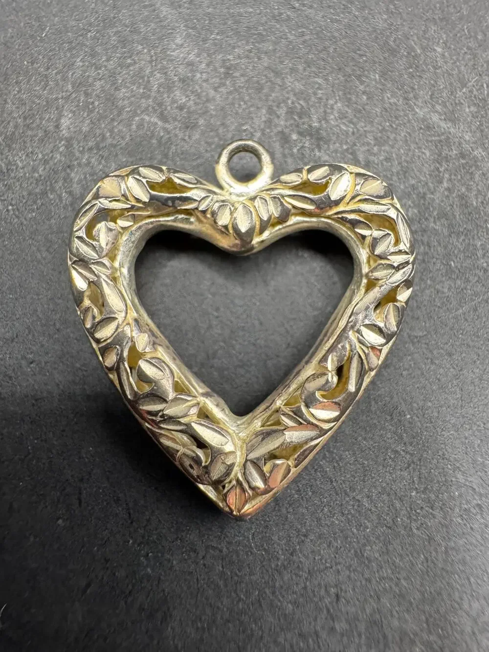Vintage Silver Tone Floral Engraving Design Open Heart Pendant 0.81